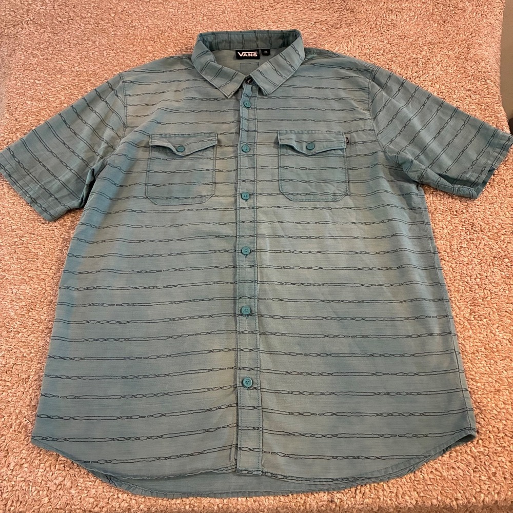 Vans Barbed Wire Print Button Up Shirt Teal Blue Green Men's XL